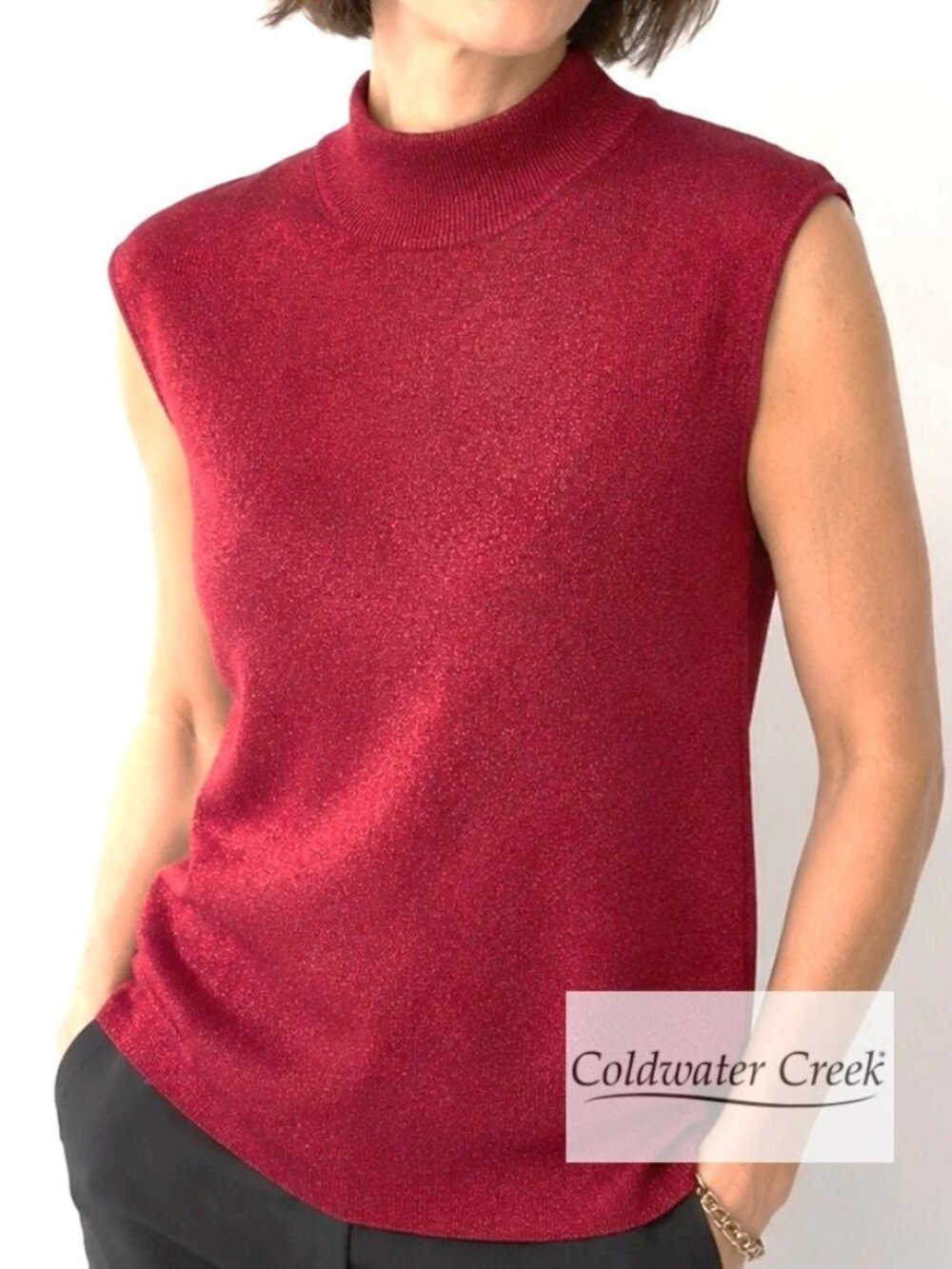 Silk-blend Metallic Knit Sleeveless Mock Neck Sweater